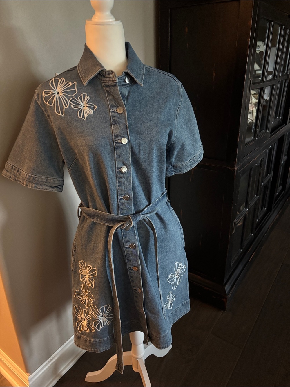 NWT Denim Button-Front Shirt Dress with Floral Embroidery